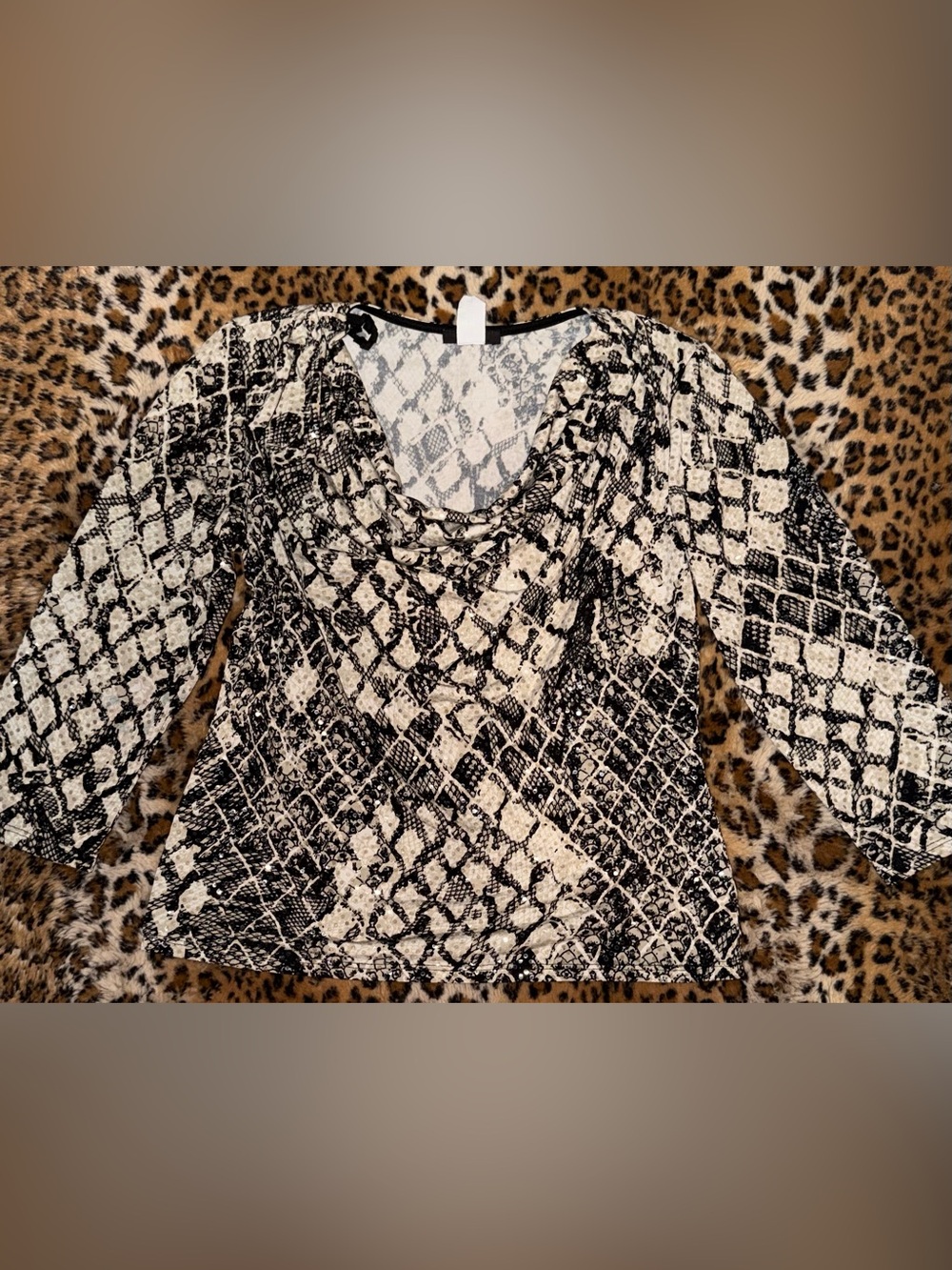 MSK Sequin Snake Print Long Sleeve Cowl Neck Top